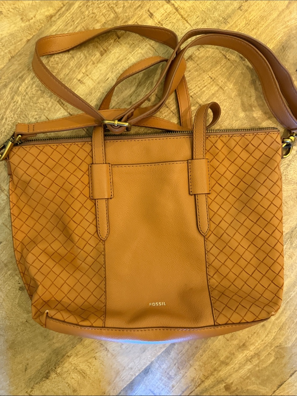 Fossil Cognac Woven-Panel Leather Shoulder Bag